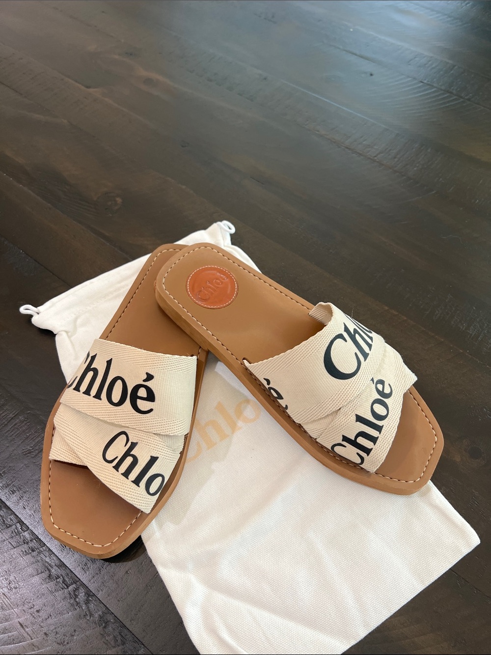 Women’s Leather Slide Sandals in Tan with Logo Canvas Straps